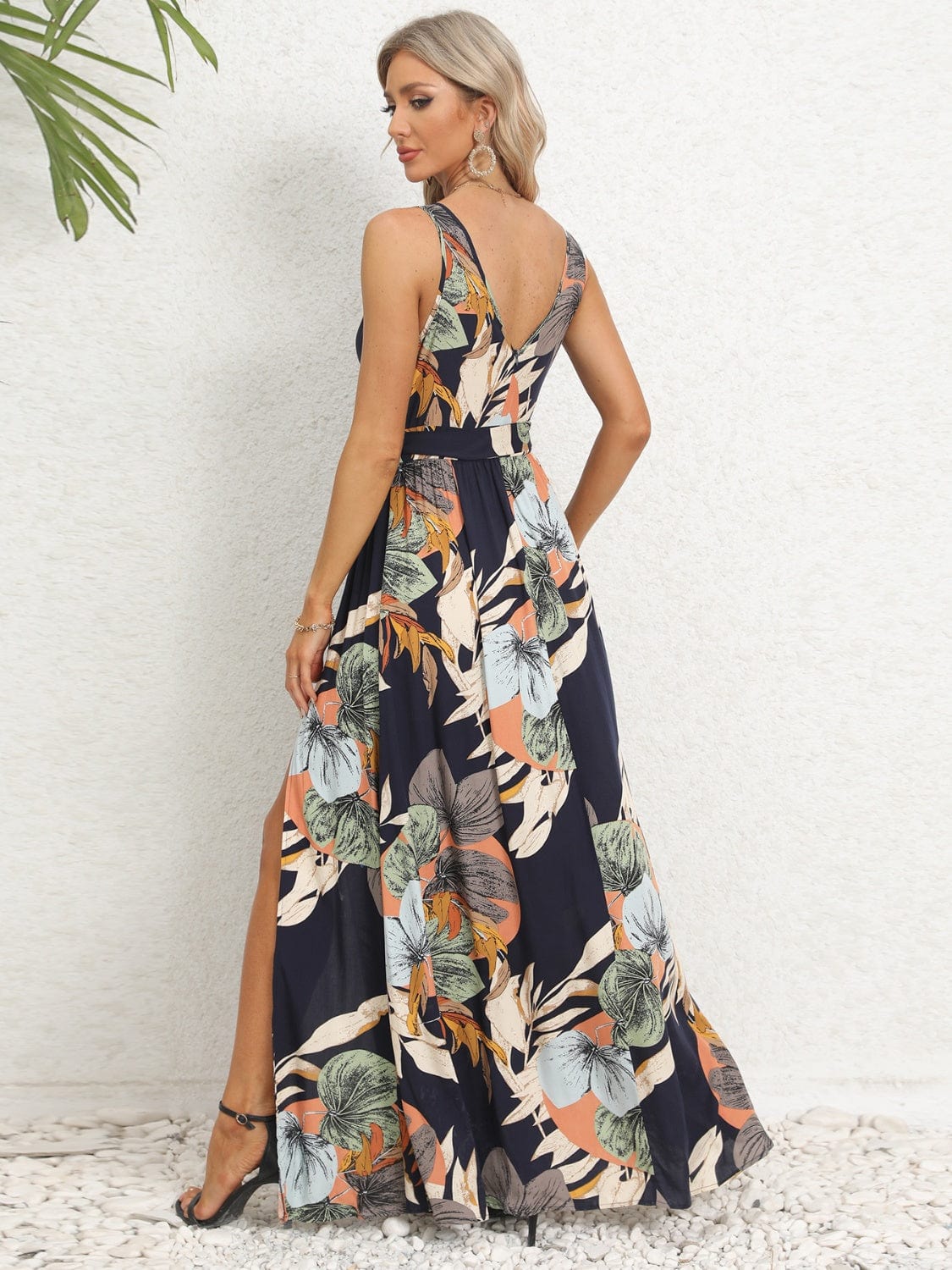 Slit Tied Printed Surplice Dress - Trendsi