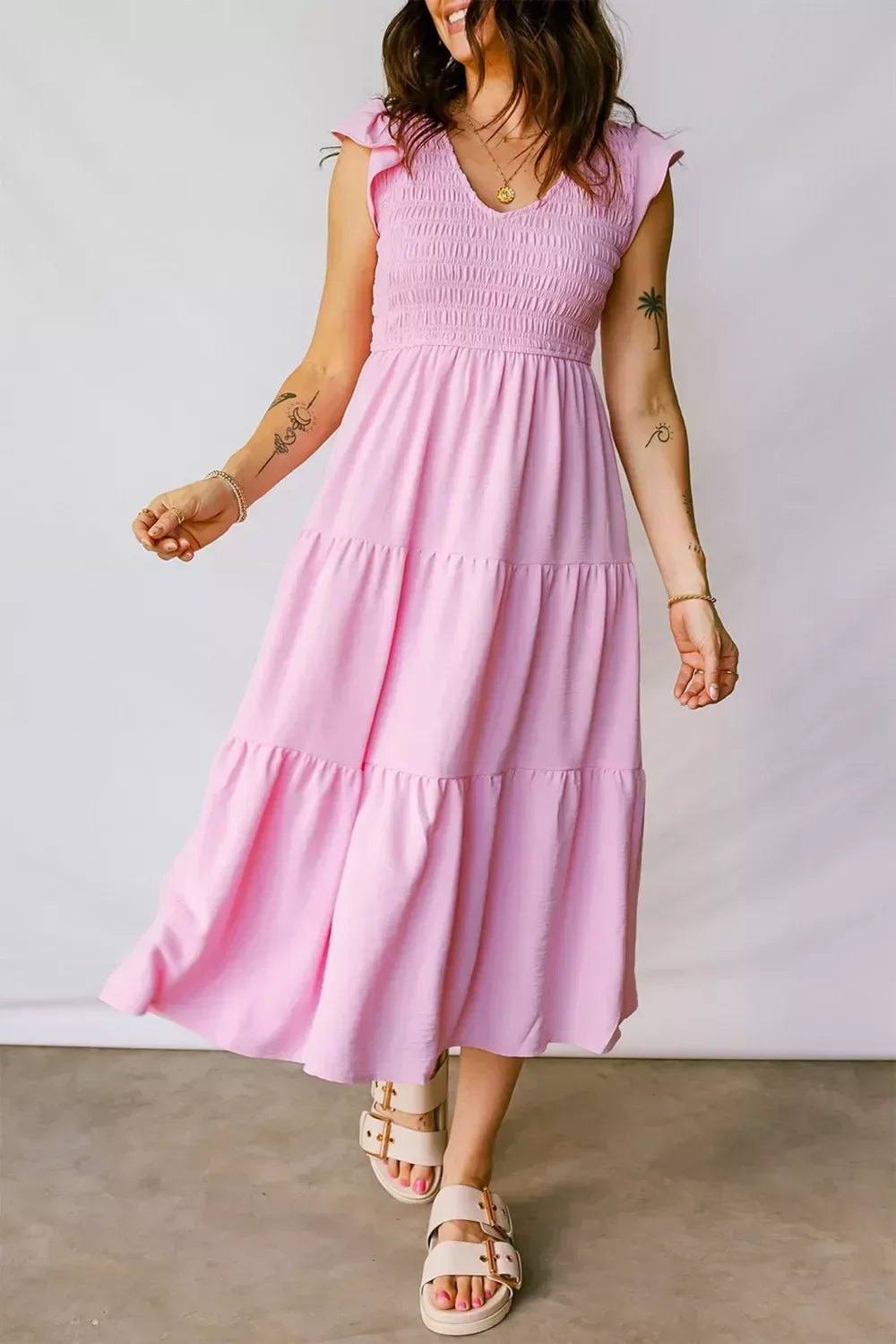 Smocked Bodice Flutter Sleeve Fit Flare Tiered Midi Dress - Trendsi - Flyclothing LLC