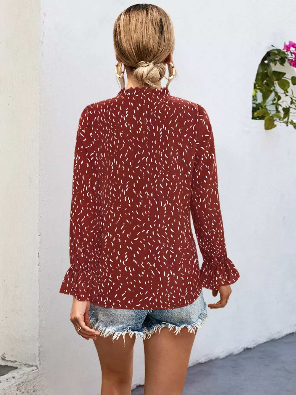 Ruffled Printed Tie Neck Long Sleeve Blouse - Trendsi - Flyclothing LLC