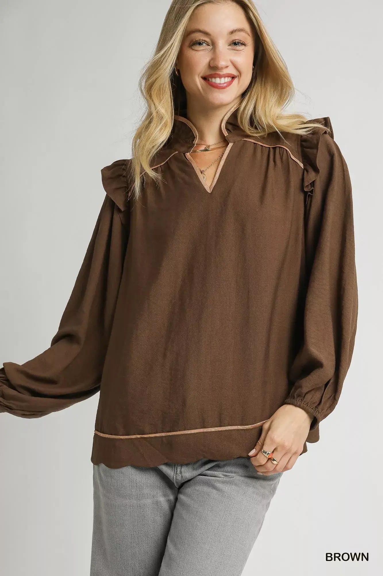 Umgee Ruffle Shoulder Long Sleeve Blouse - Trendsi - Flyclothing LLC
