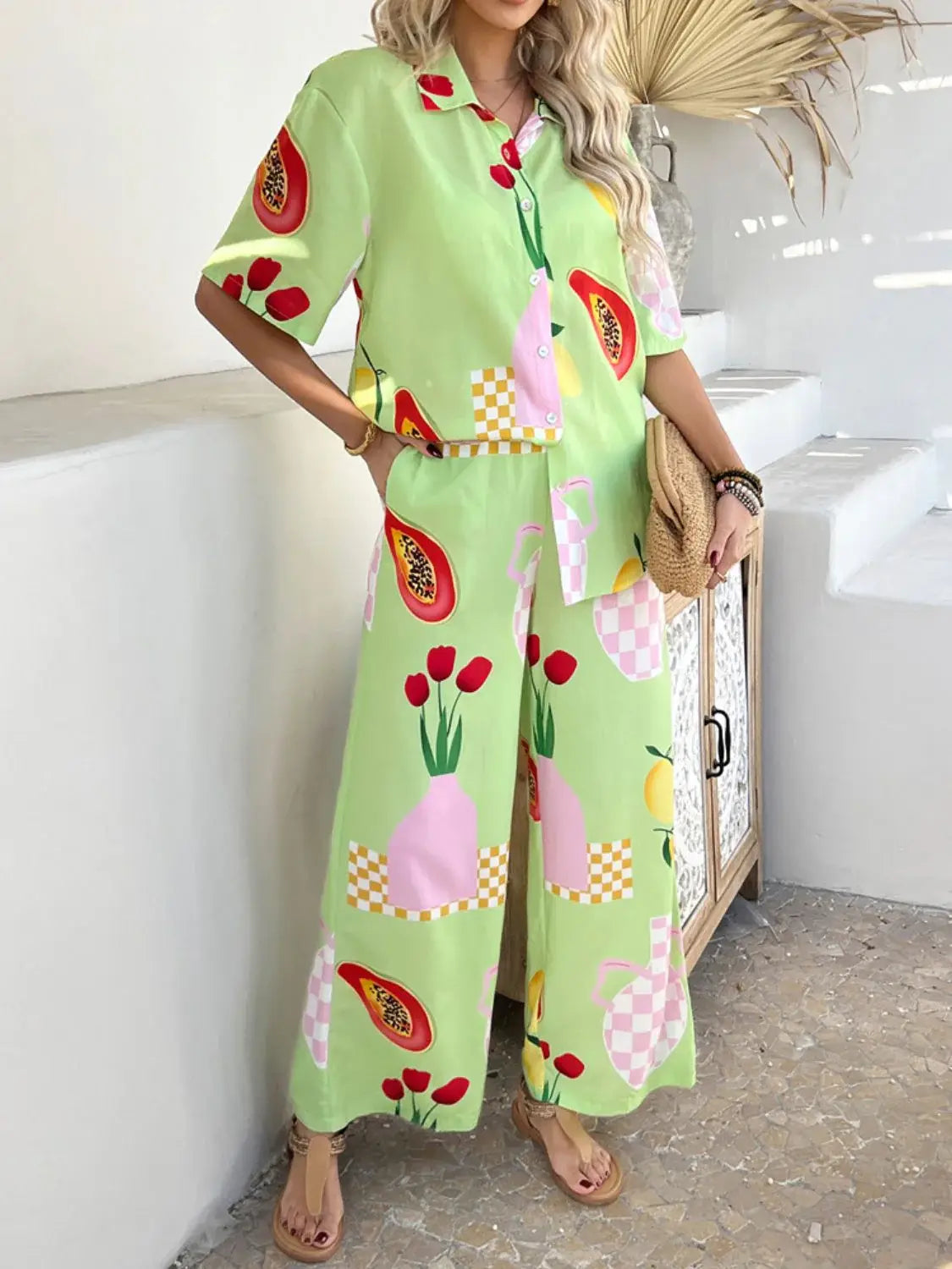 Devine Printed Collared Neck Half Sleeve Top and Pants Set - Trendsi - Flyclothing LLC