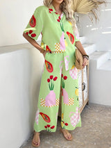 Devine Printed Collared Neck Half Sleeve Top and Pants Set - Trendsi - Flyclothing LLC