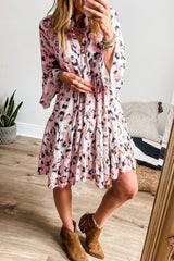 Leopard Notched Long Sleeve Tiered Dress - Trendsi