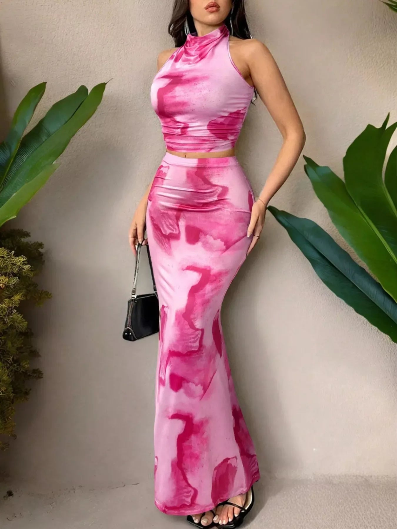 Tie-Dye Halter Top and Mermaid Skirt Set - Trendsi - Flyclothing LLC