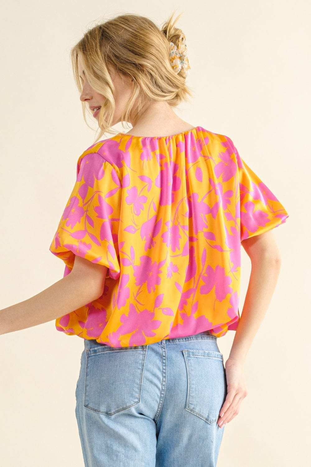 And The Why Full Size Printed Satin Bubble Hem Top - Trendsi - Flyclothing LLC