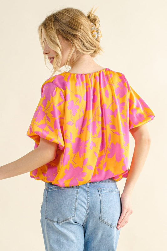 And The Why Full Size Printed Satin Bubble Hem Top - Trendsi