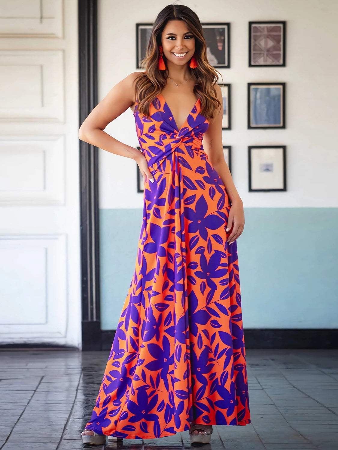 Twisted Printed V-Neck Cami Dress - Trendsi - Flyclothing LLC