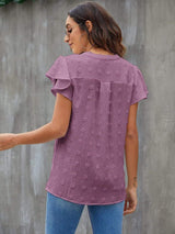 Swiss Dot Notched Cap Sleeve Blouse - Trendsi - Flyclothing LLC