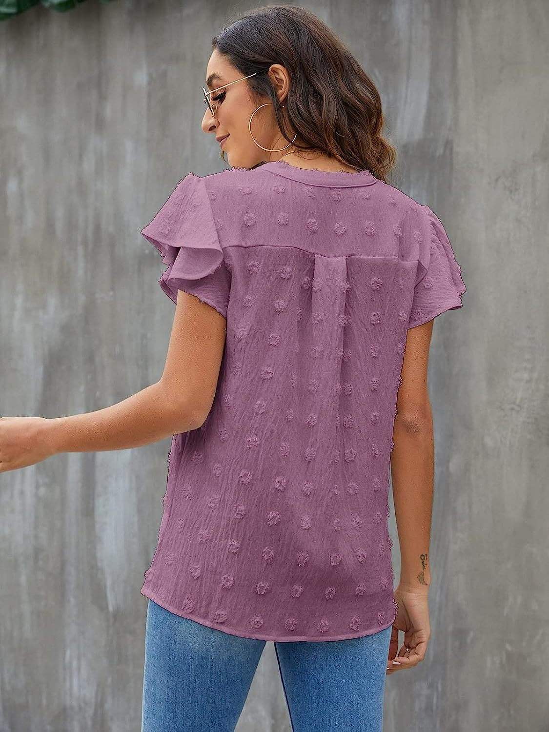 Swiss Dot Notched Cap Sleeve Blouse - Trendsi - Flyclothing LLC