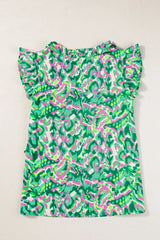 Abstract Print Ruffled Trim Tie Neck Top - Trendsi - Flyclothing LLC