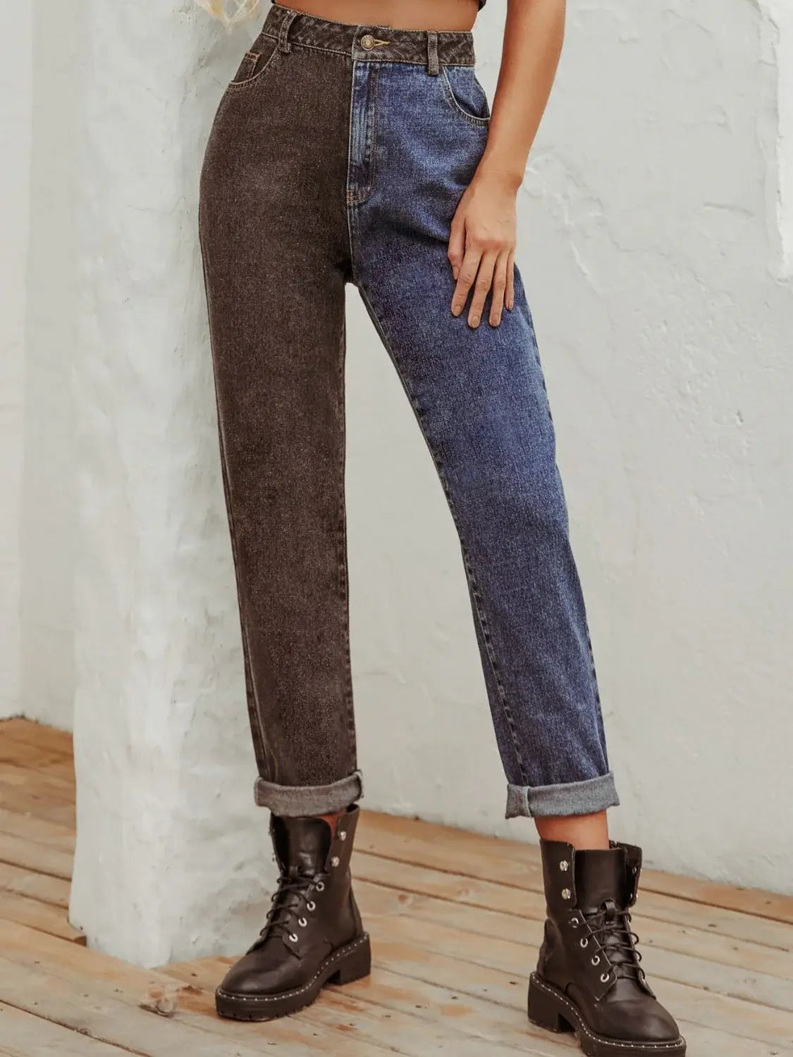 Two Tone Straight Leg Jeans - Trendsi - Flyclothing LLC