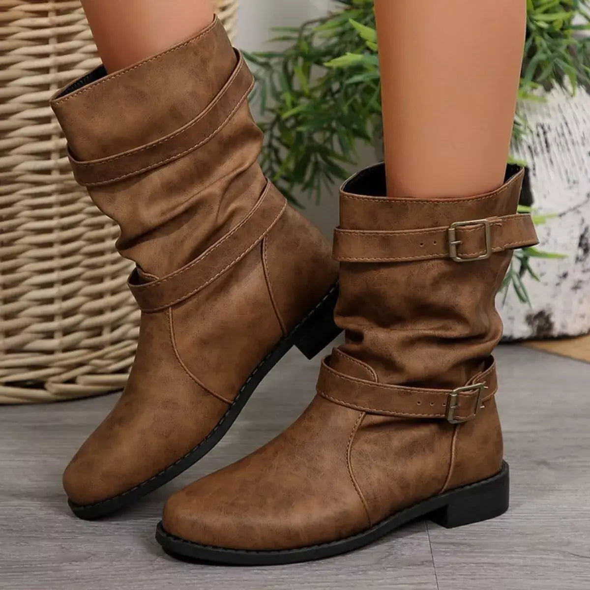 Buckled Low Heel Boots - Trendsi - Flyclothing LLC