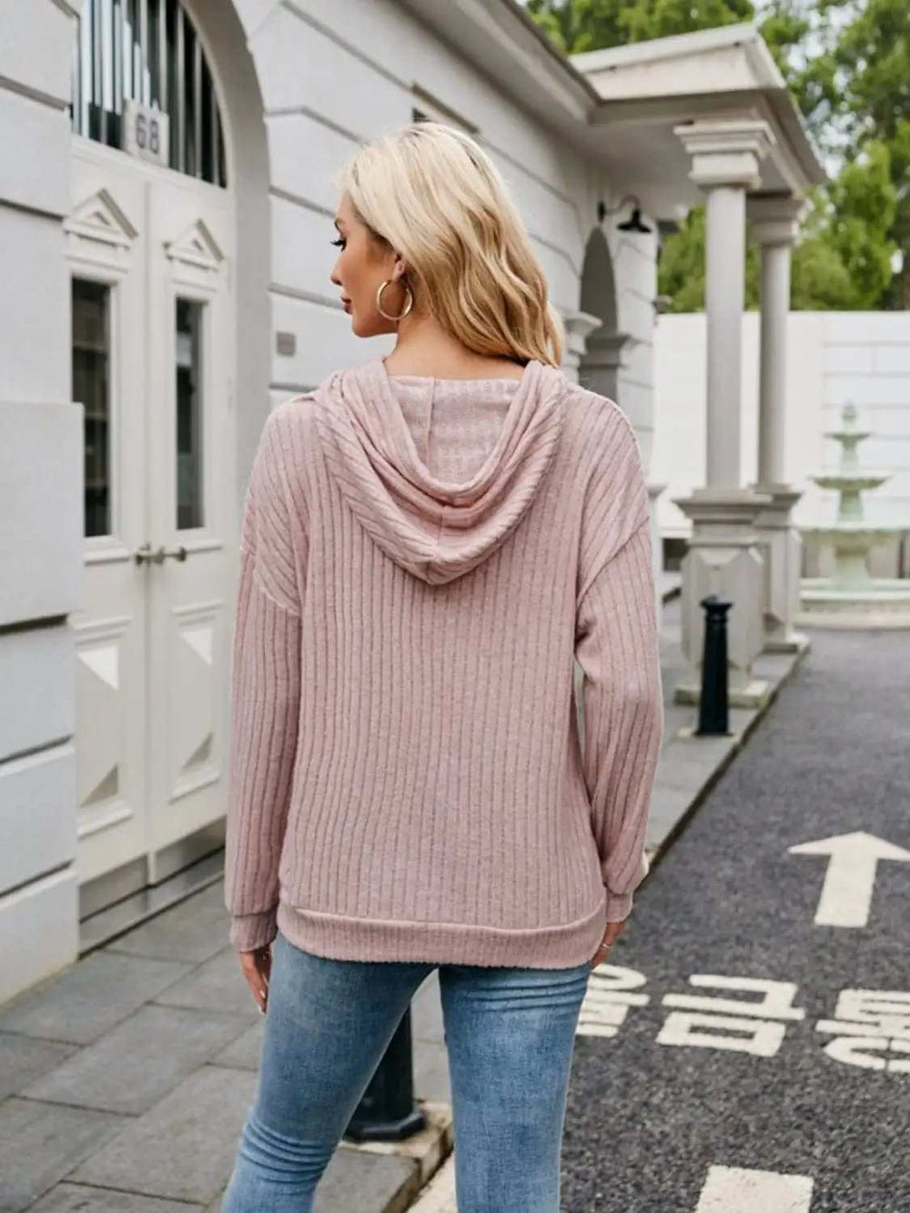 Ribbed Drawstring Long Sleeve Hoodie - Trendsi - Flyclothing LLC