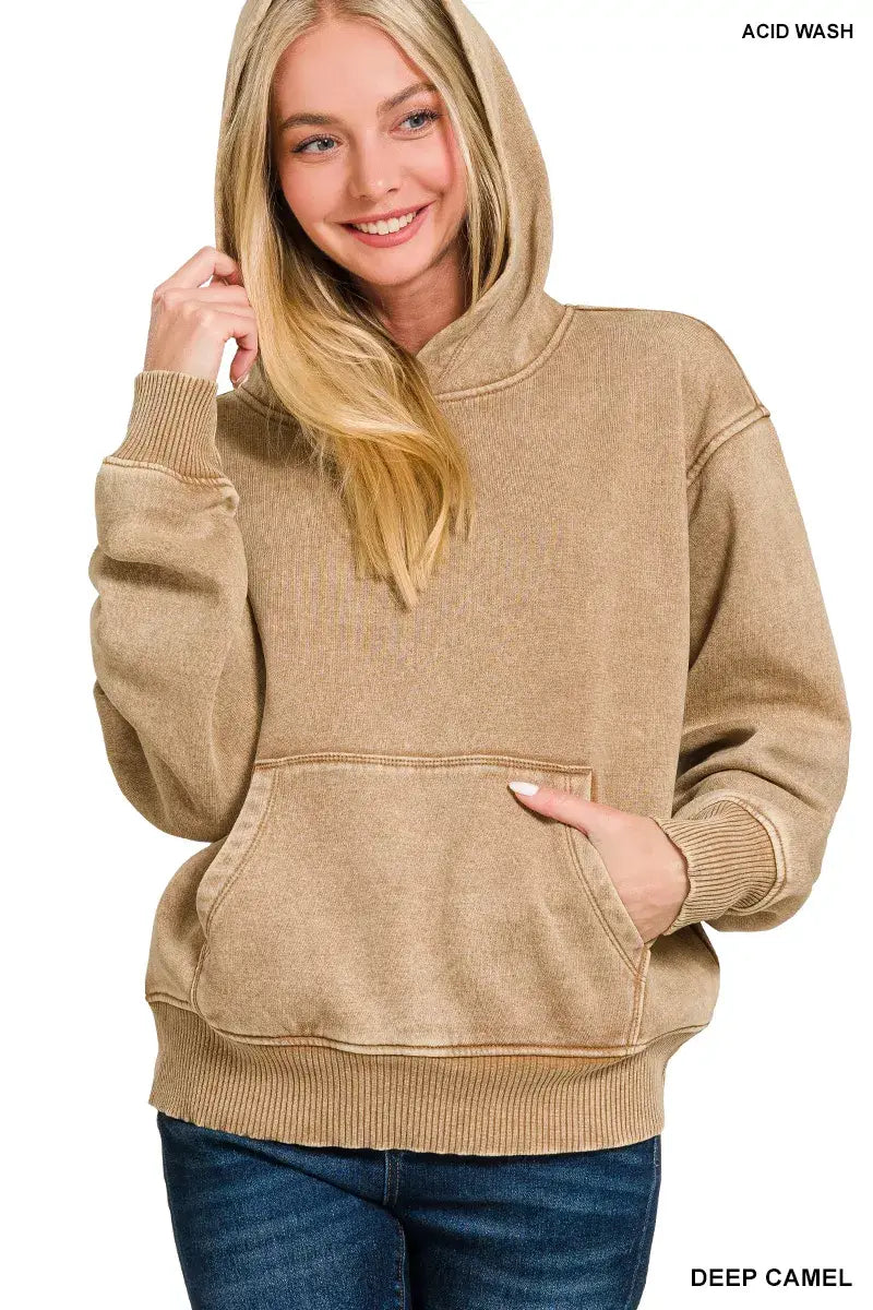 Zenana Fleece Acid Wash Kangaroo Pocket Hoodie - Trendsi - Flyclothing LLC
