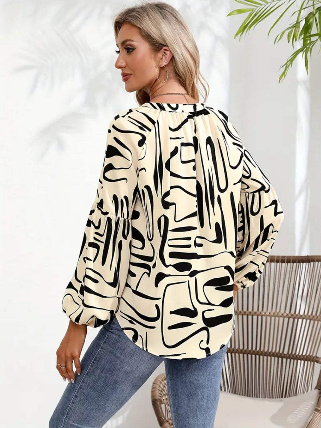 Printed Notched Long Sleeve Blouse - Trendsi - Flyclothing LLC