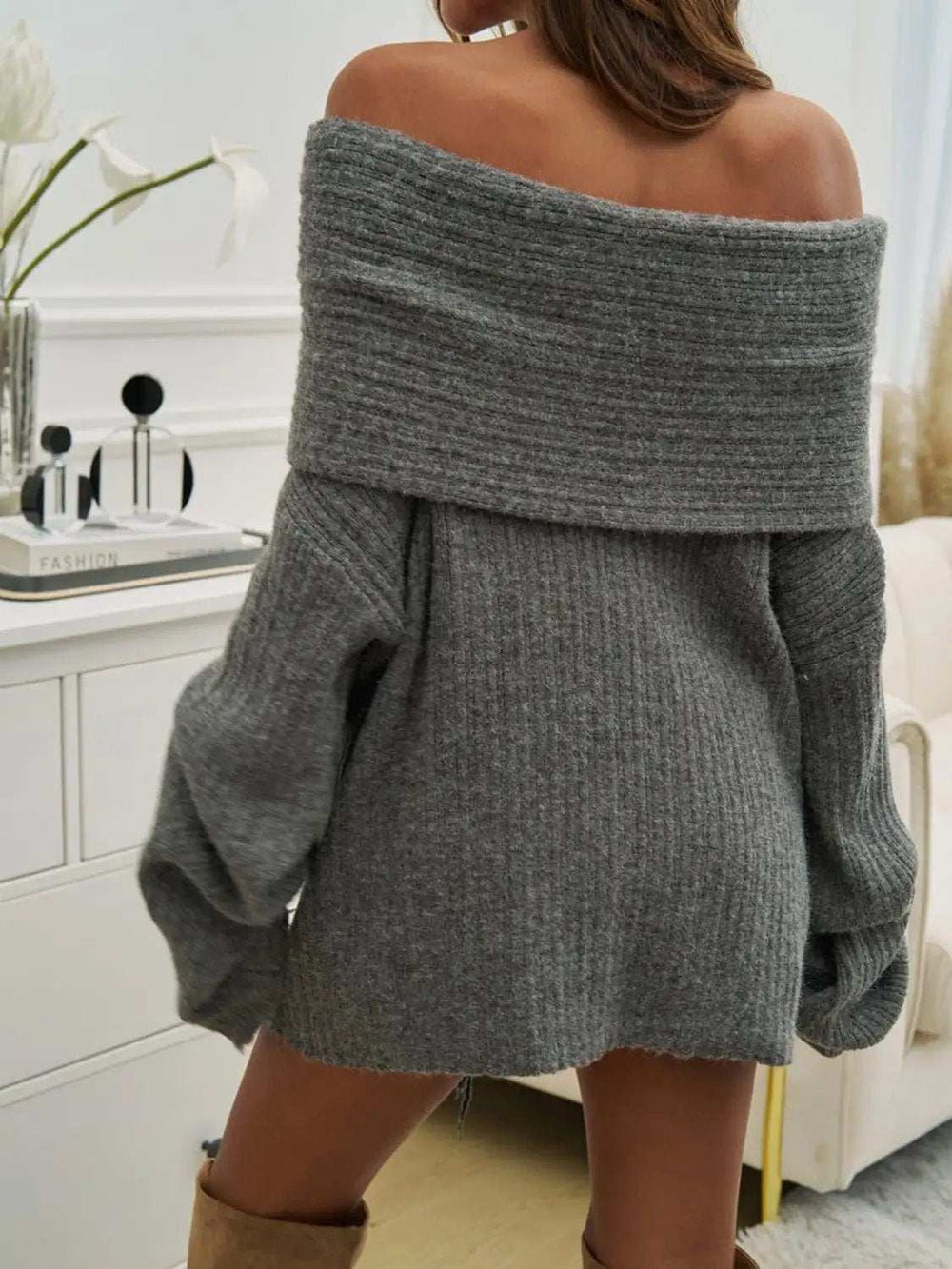 Off-Shoulder Extra-Long Sleeve Sweater - Trendsi - Flyclothing LLC