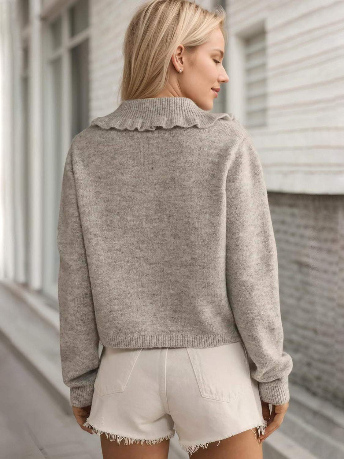Frill Button Up Collared Neck Long Sleeve Cardigan - Trendsi - Flyclothing LLC
