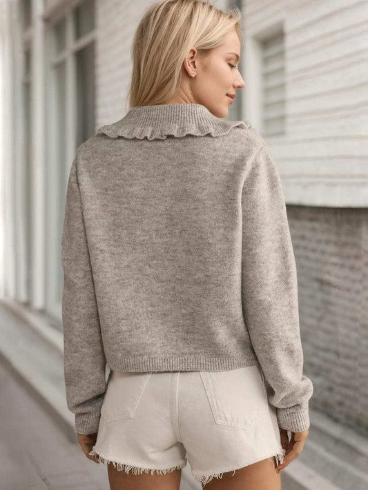 Frill Button Up Collared Neck Long Sleeve Cardigan - Trendsi - Flyclothing LLC