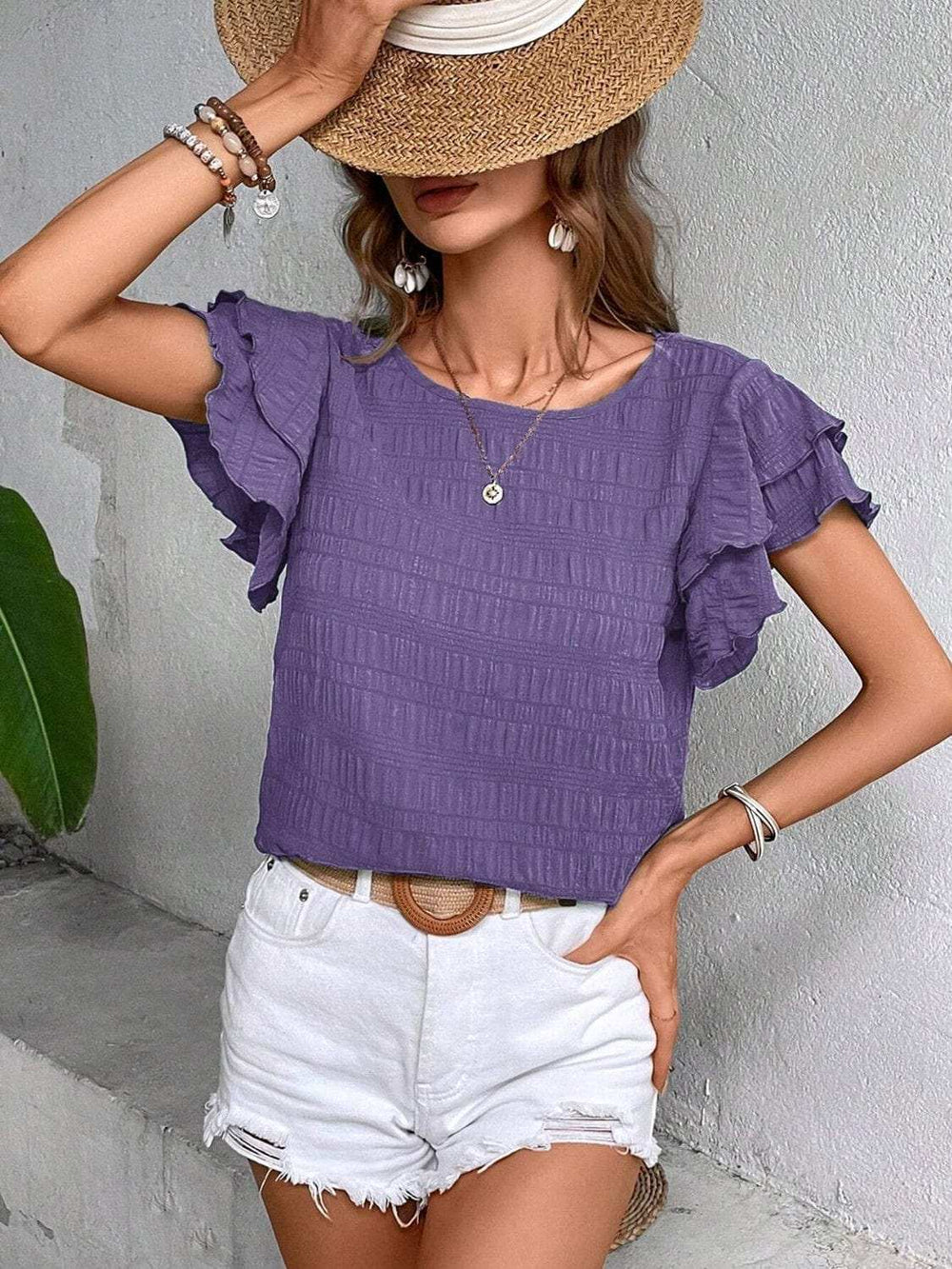 Round Neck Flounce Sleeve Blouse - Trendsi - Flyclothing LLC