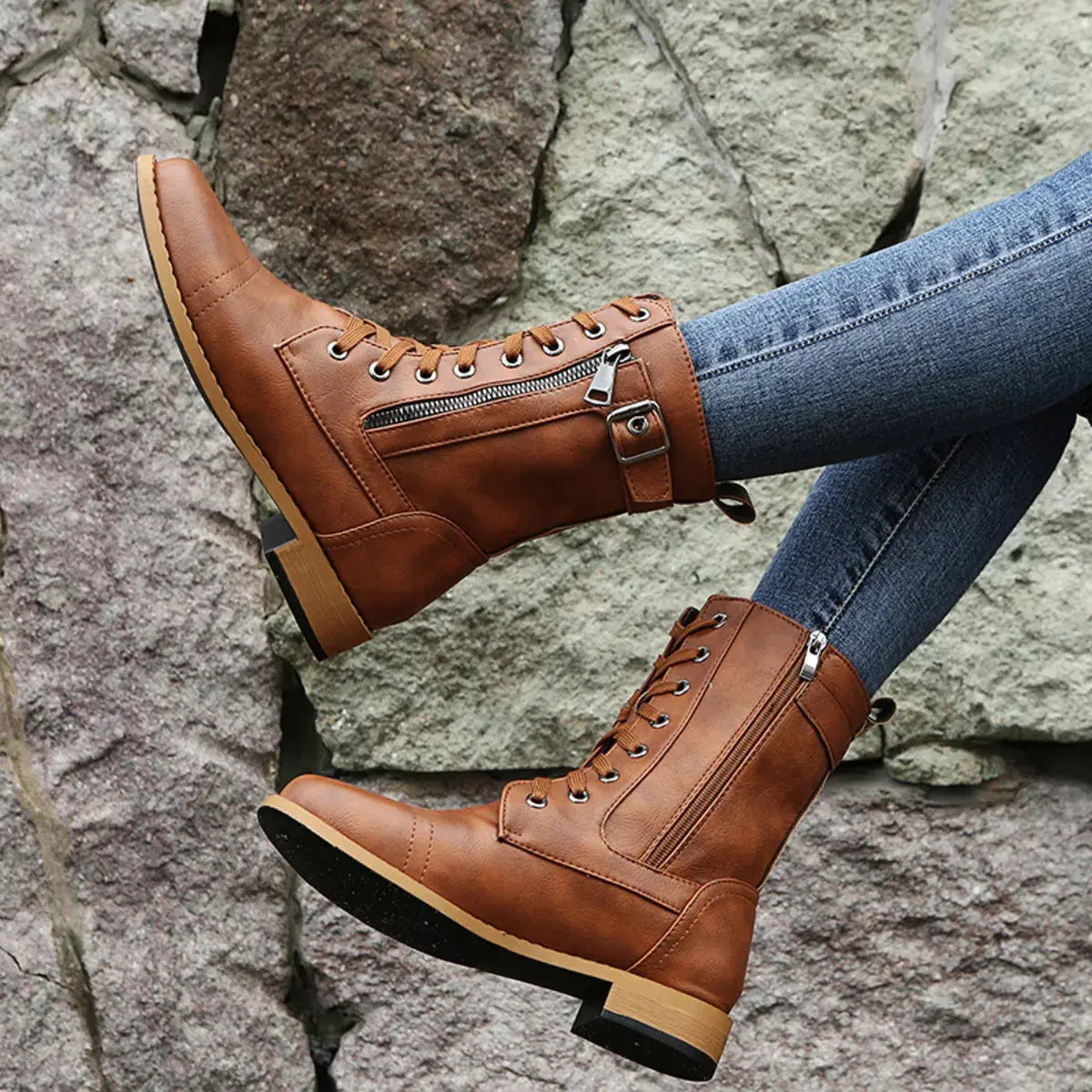 Lace-Up Ankle Boots with Zipper Detail - Trendsi - Flyclothing LLC