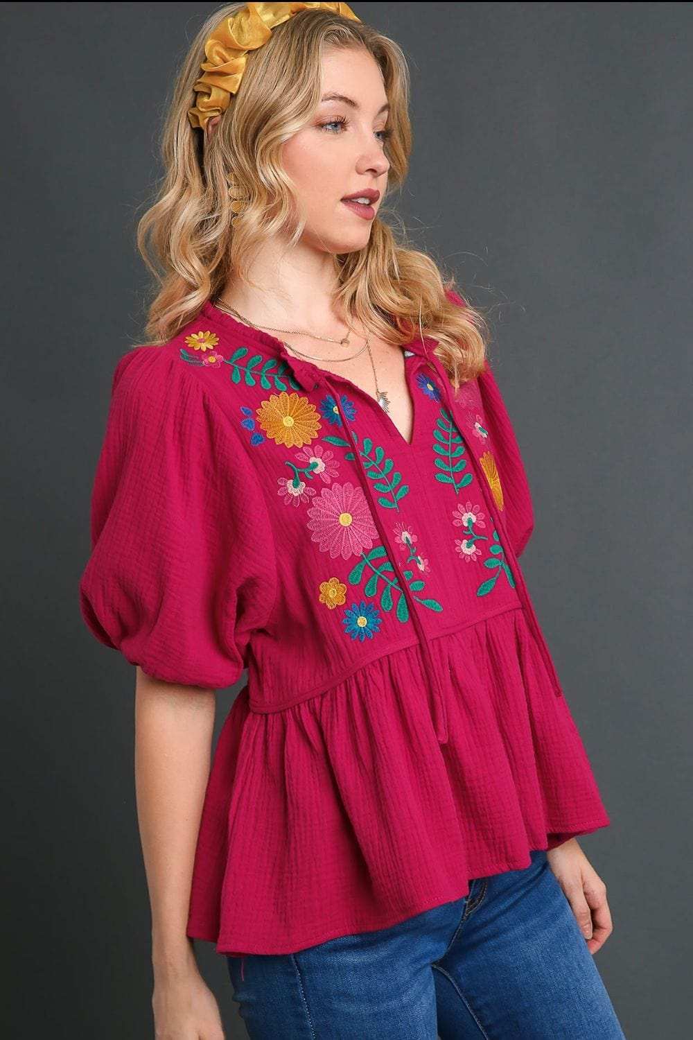 Umgee Full Size Cotton Gauze Floral Embroidery Babydoll Blouse Plus Size - Trendsi - Flyclothing LLC