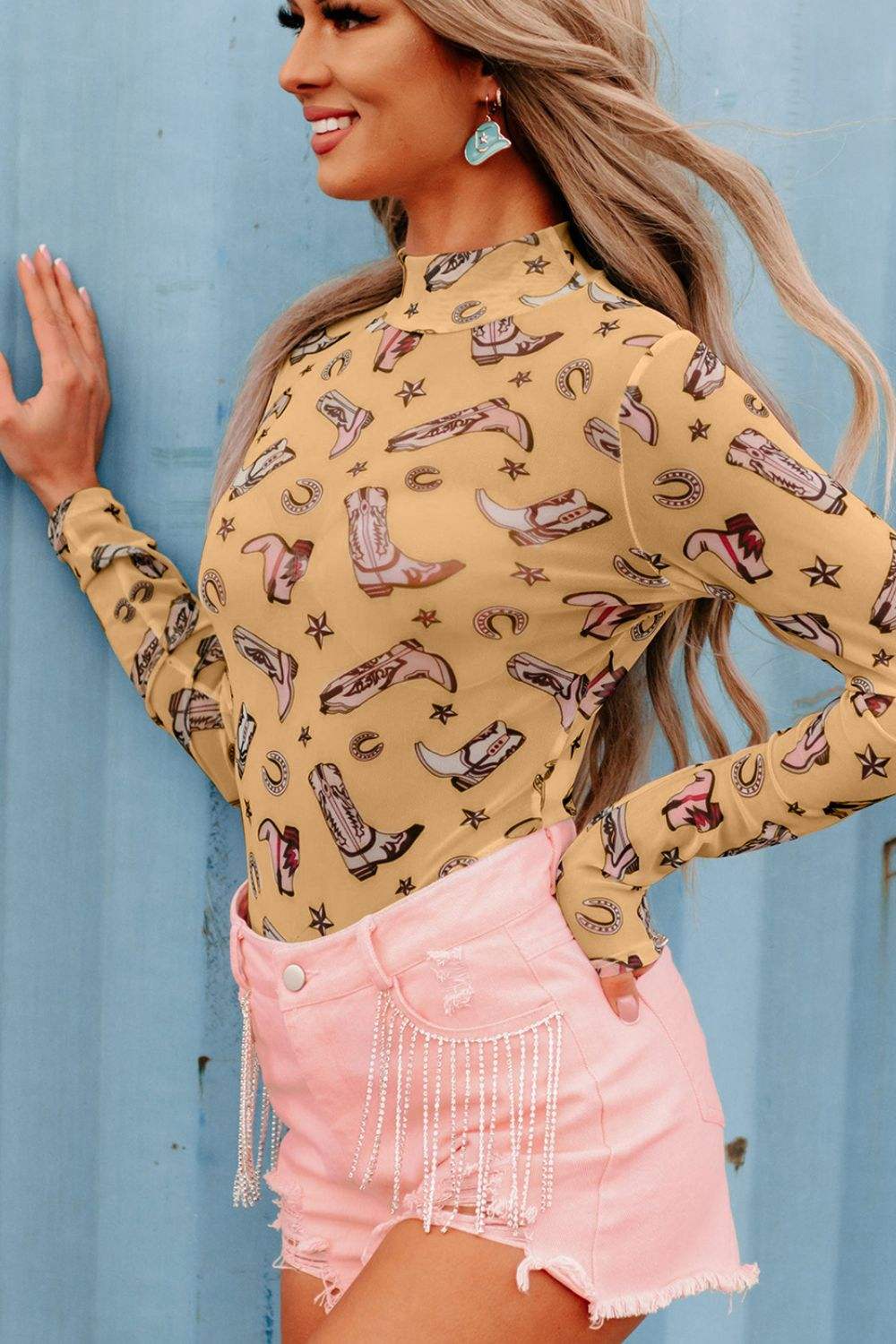 Printed Mock Neck Long Sleeve Bodysuit - Trendsi - Flyclothing LLC