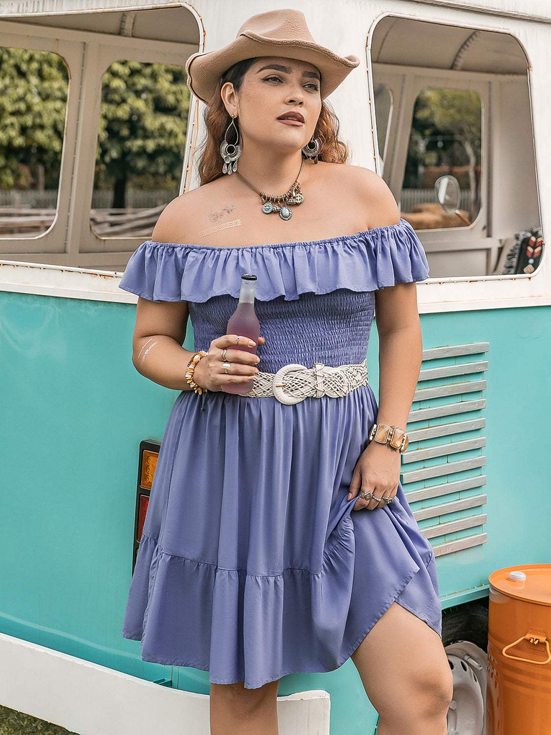 Plus Size Ruffled Smocked Off-Shoulder Mini Dress - Trendsi - Flyclothing LLC