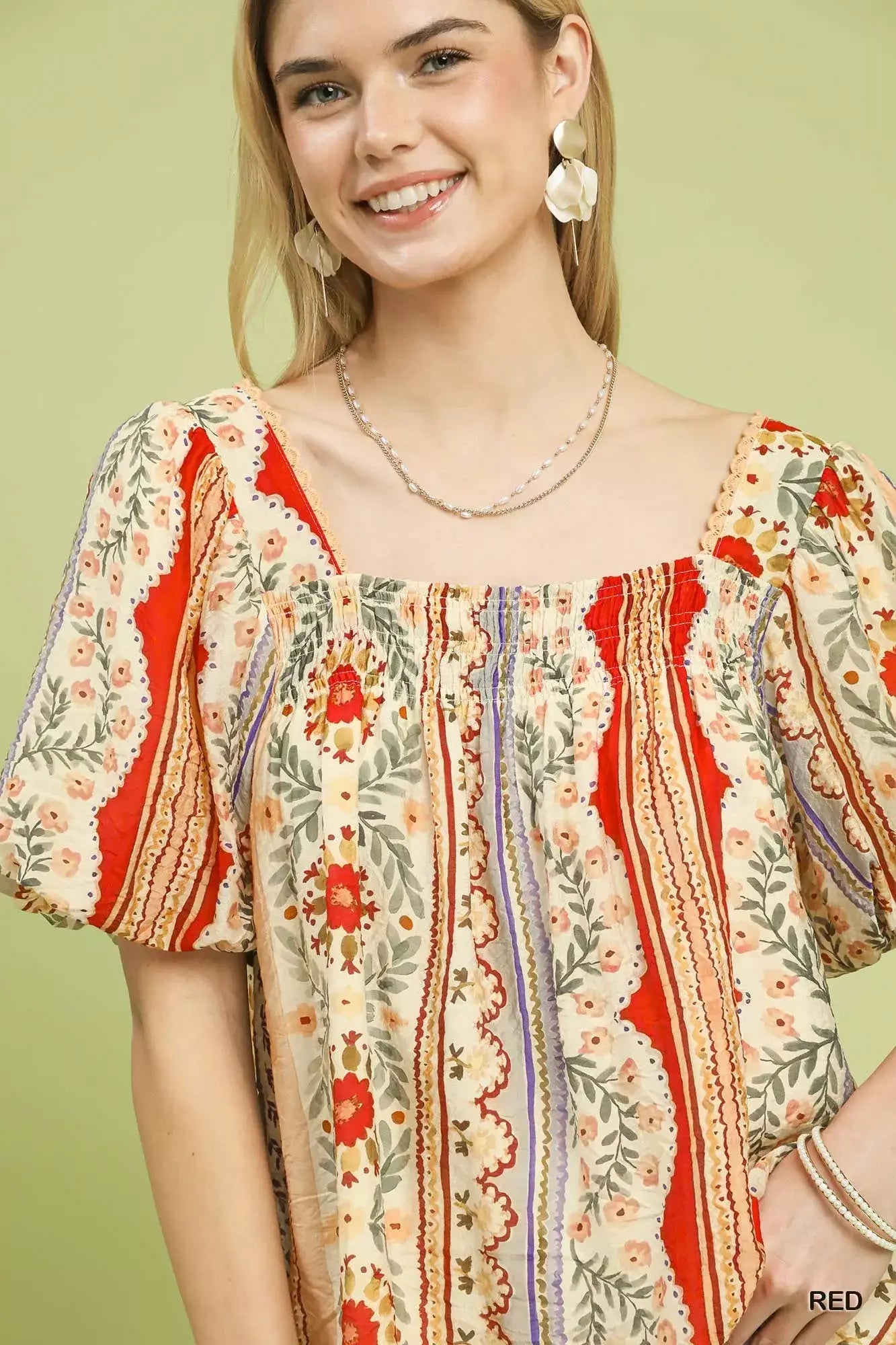 Umgee Patchwork Puff Sleeve Smocked Blouse - Trendsi - Flyclothing LLC