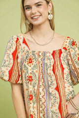 Umgee Patchwork Puff Sleeve Smocked Blouse - Trendsi - Flyclothing LLC