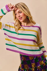 SO ME Mardi Gras Color Stripe Lightweight Sweater Top - Trendsi - Flyclothing LLC
