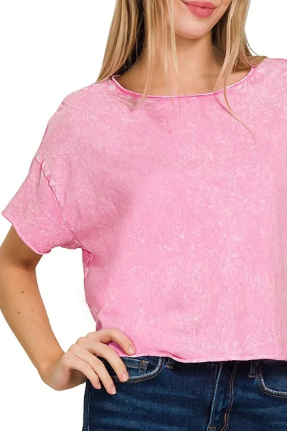 Zenana Washed Crew Neck Short Sleeve Crop Box Tee - Trendsi - Flyclothing LLC