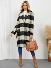 Plaid Double-Breasted Long Sleeve Coat - Trendsi