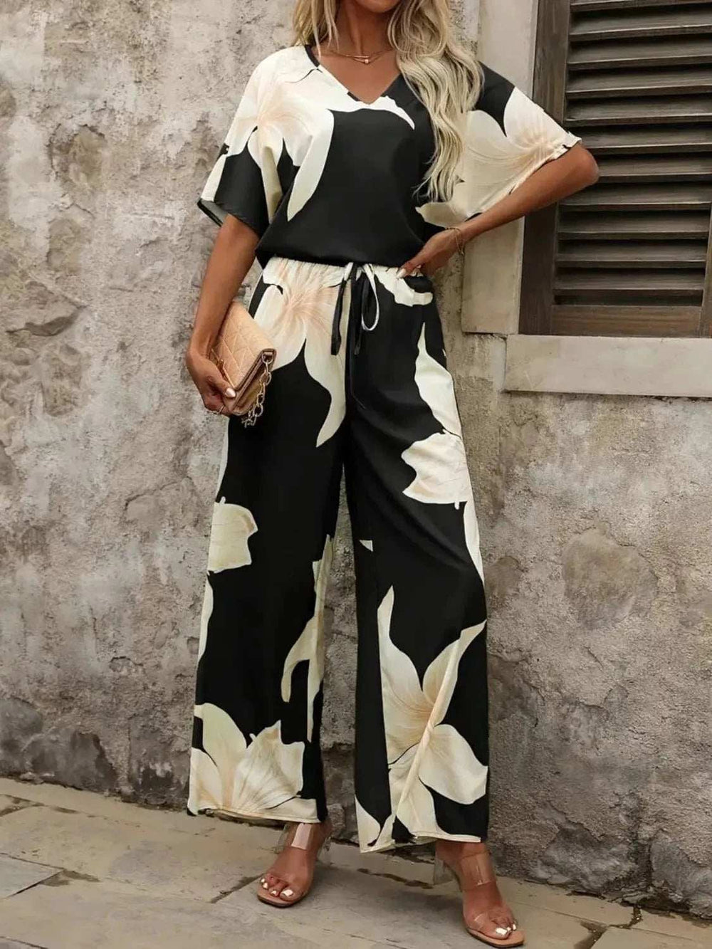 Printed V-Neck Top and Wide Leg Pants Set - Trendsi - Flyclothing LLC