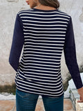 Decorative Button Striped Round Neck Long Sleeve T-Shirt - Trendsi
