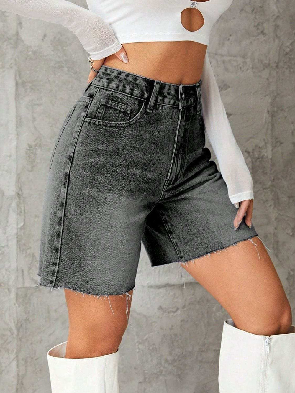 Frayed Hem Denim Shorts - Trendsi - Flyclothing LLC