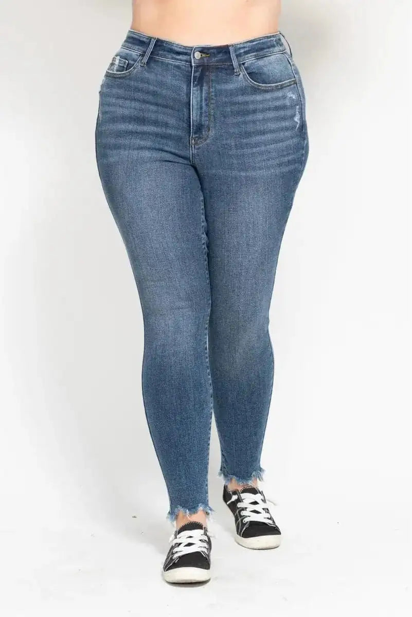 Judy Blue Plus Size High Waist Skinny with Destroy & Shark Bit Hem - Trendsi