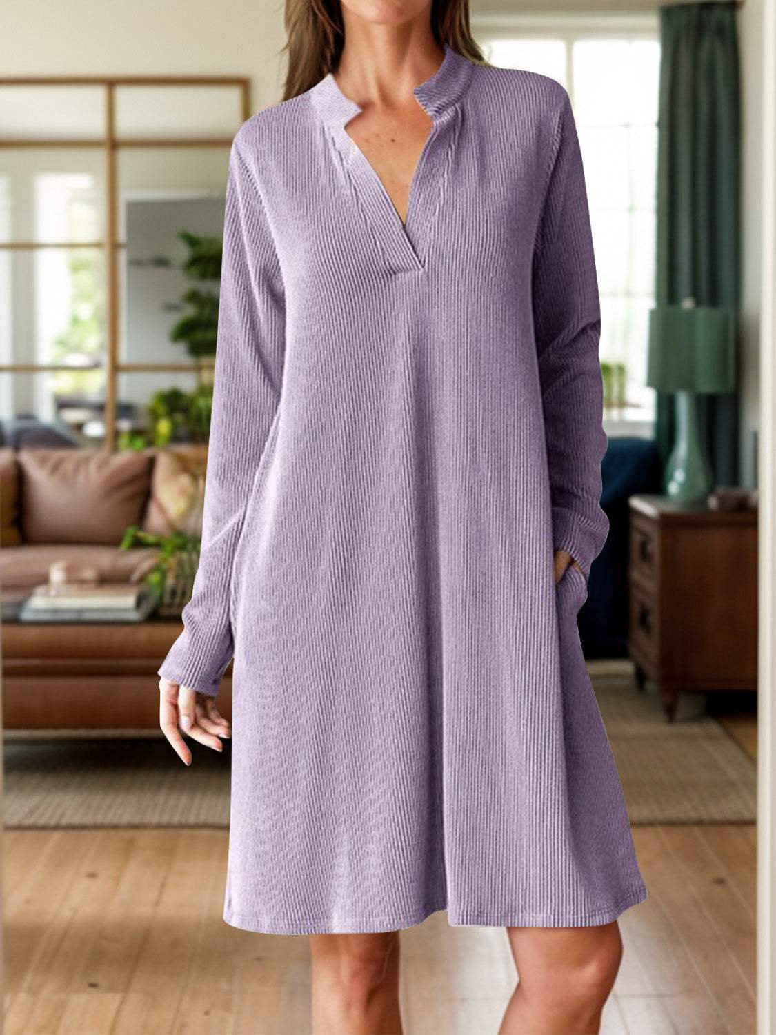 Notched Long Sleeve Mini Dress with Pockets - Trendsi - Flyclothing LLC