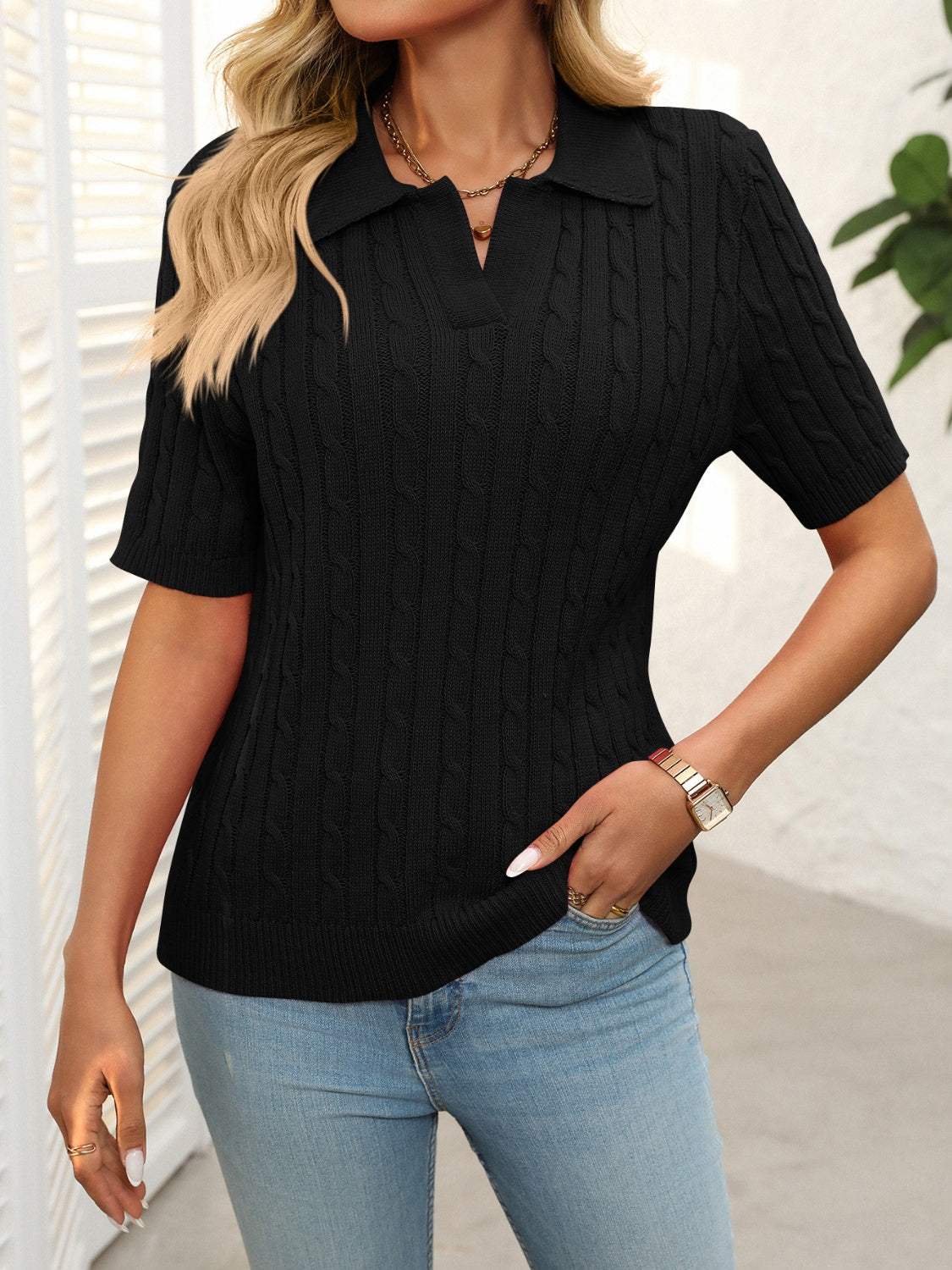 Mandy Cable Knit Johnny Collar Half Sleeve Sweater - Trendsi - Flyclothing LLC