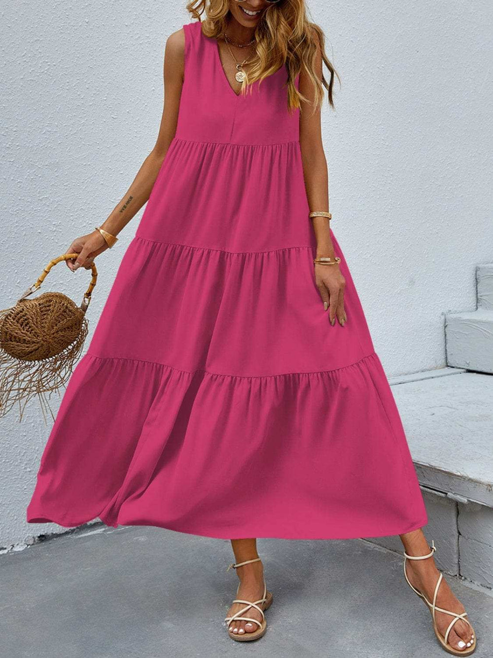 Tiered V-Neck Sleeve Dress - Trendsi - Flyclothing LLC