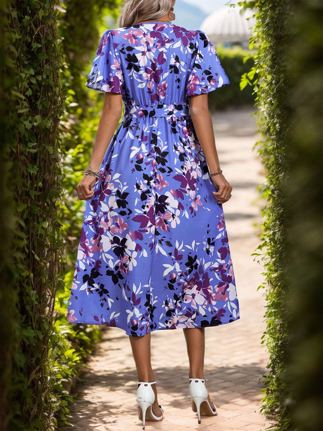 High-Low Printed Surplice Short Sleeve Midi Dress - Trendsi - Flyclothing LLC