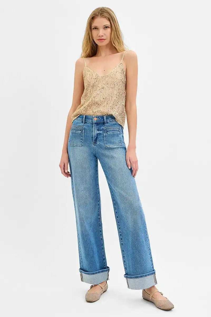 RISEN Full Size Elastic Band Mid Rise Wide Front Patch Pocket Cuff Jeans Plus Size - Trendsi - Flyclothing LLC