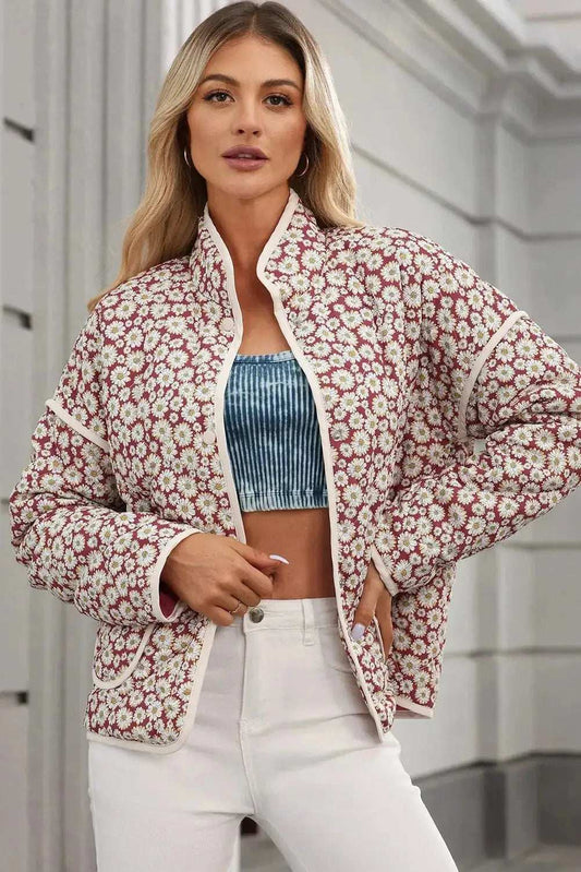 Floral Snap Down Mock Neck Coat - Trendsi - Flyclothing LLC