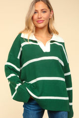 Haptics Collared Neck Striped Contrast Sweater - Trendsi