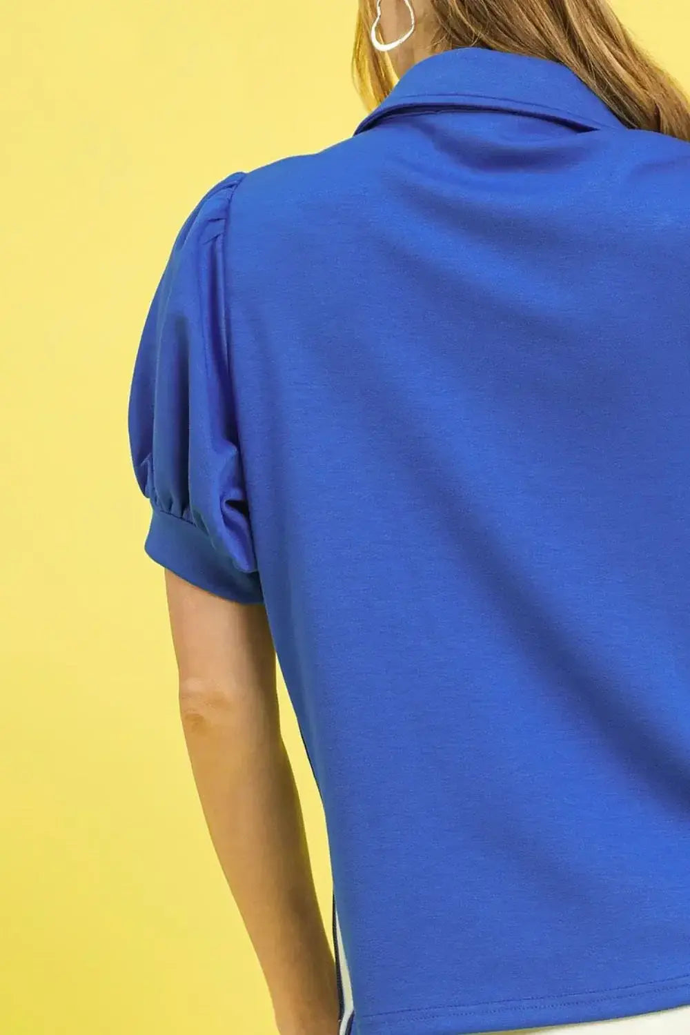 Umgee Side Zip Striped Puff Sleeve Polo - Trendsi - Flyclothing LLC