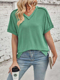 Cord Ribbed V-Neck Short Sleeve T-Shirt - Trendsi - Flyclothing LLC