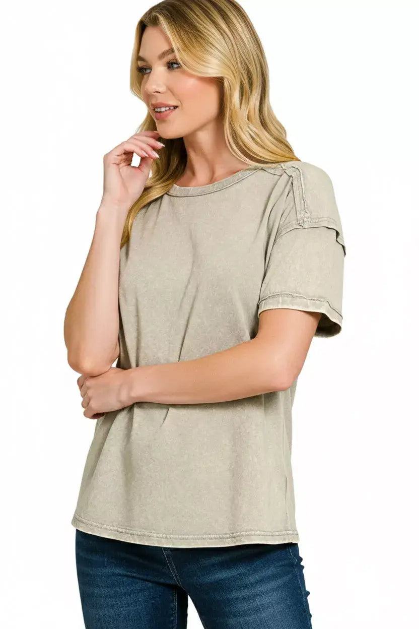 Zenana Acid Washed Round Neck T-shirts - Trendsi - Flyclothing LLC