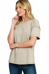 Zenana Acid Washed Round Neck T-shirts - Trendsi - Flyclothing LLC