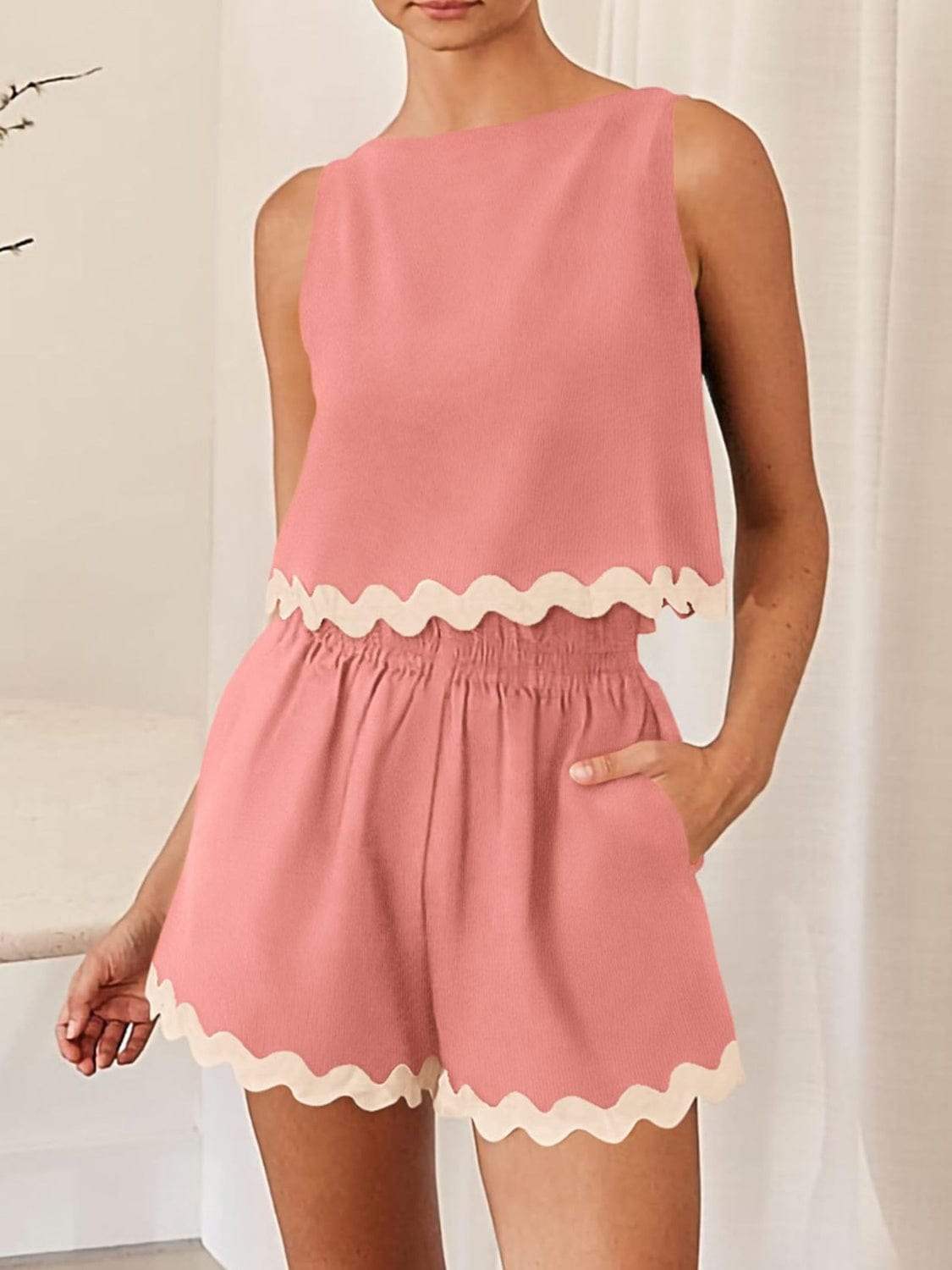 Contrast Trim Round Neck Top and Shorts Set - Trendsi - Flyclothing LLC