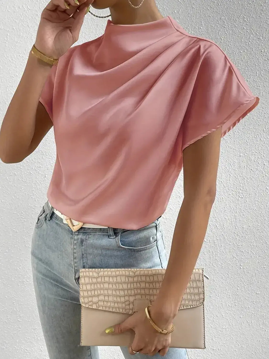 Mock Neck Short Sleeve Blouse - Trendsi - Flyclothing LLC