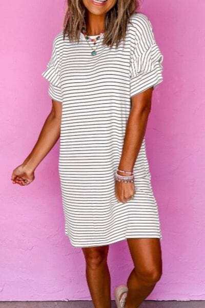 Stripe Round Neck Short Sleeve Mini Dress - Trendsi - Flyclothing LLC